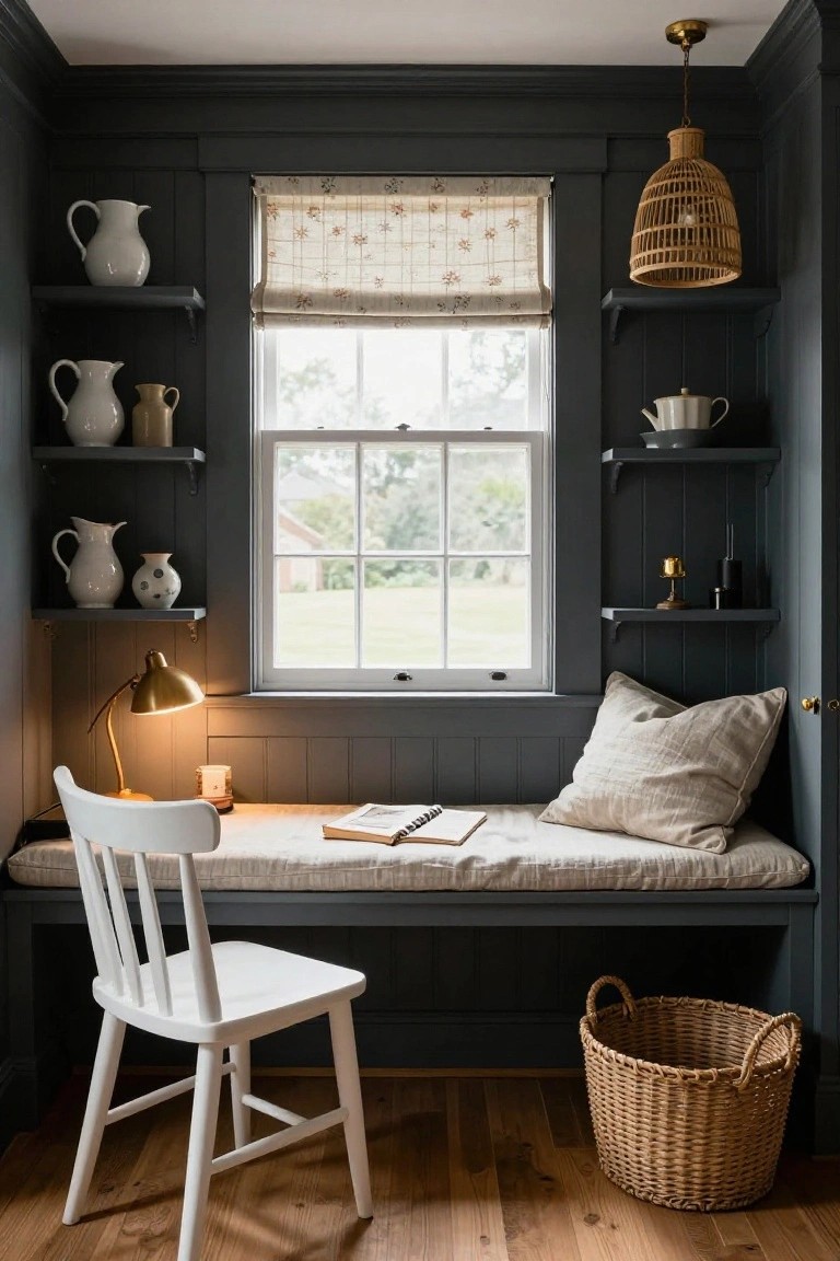 Compact home office nook with dark gray paneled walls, built-in cushioned window bench used as desk with open notebook, white wooden chair, wood shelves holding white and terracotta pitchers and pottery, gold desk lamp, rattan pendant light, sheer floral curtains on double-hung window overlooking yard, and wicker basket on wood floor.