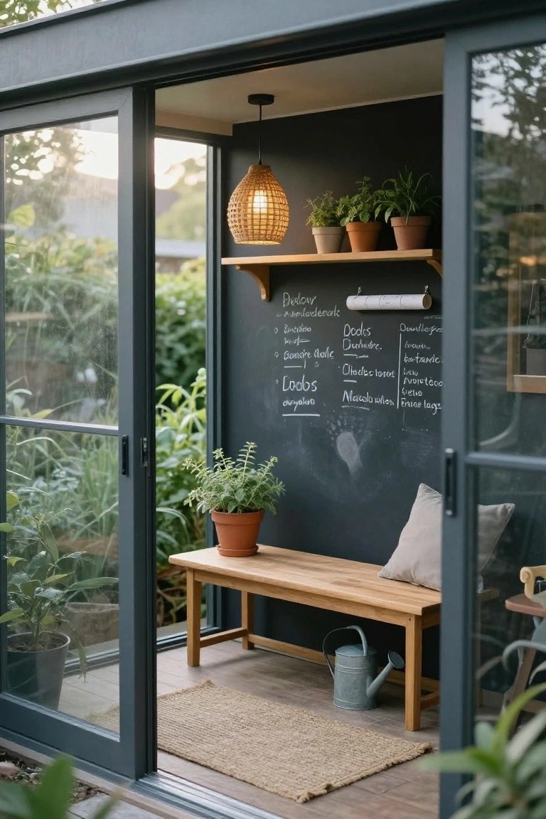 Small office interior with charcoal chalkboard wall covered in handwritten lists and notes, wooden bench with cushion, potted plants, shelf with more pots, hanging rattan lamp, and open sliding glass doors revealing garden outside.
