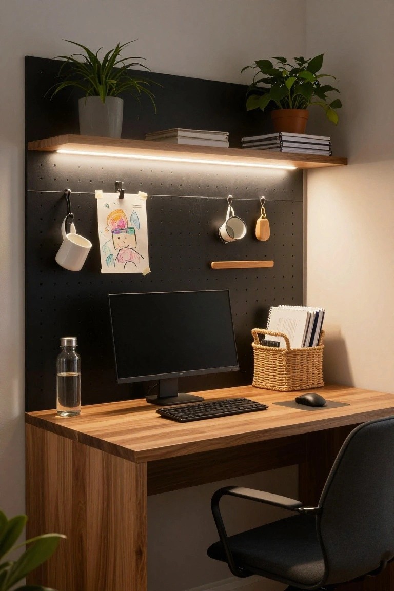 Wooden desk with monitor and keyboard in a home office, black pegboard wall behind it holding hanging mugs, child's drawing, hooks, and potted plants on a lit shelf above.