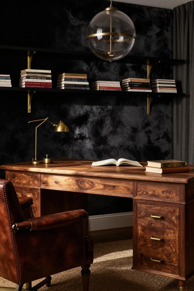 Home office interior featuring dark textured charcoal walls, a large wooden desk with drawers, brown leather armchair, open books on the desk, brass desk lamp, and black wall shelves with books above.