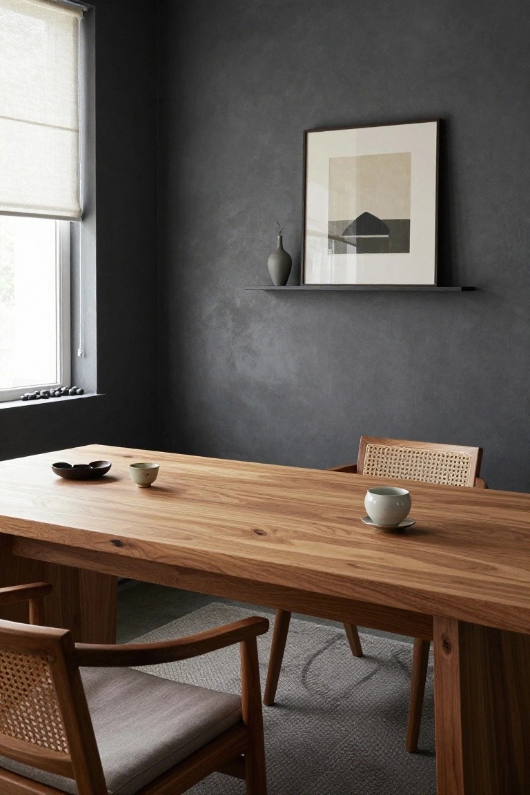 Room interior with dark textured charcoal walls, large rectangular wood table topped with ceramic bowls and cups, rattan chairs, shelf holding vase and framed abstract artwork, and window with sheer roller blind.