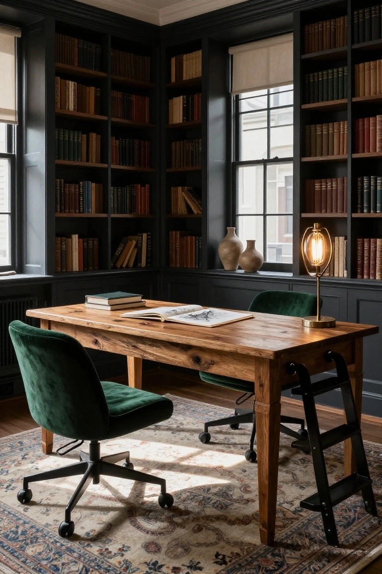 Corner office interior featuring dark wood-paneled walls with built-in bookshelves filled with books, a rectangular rustic wooden desk with open sketchbook and books, two green velvet chairs, brass lamp, terracotta vases, black wooden ladder shelf, and blue patterned rug under a window with sheer shade.