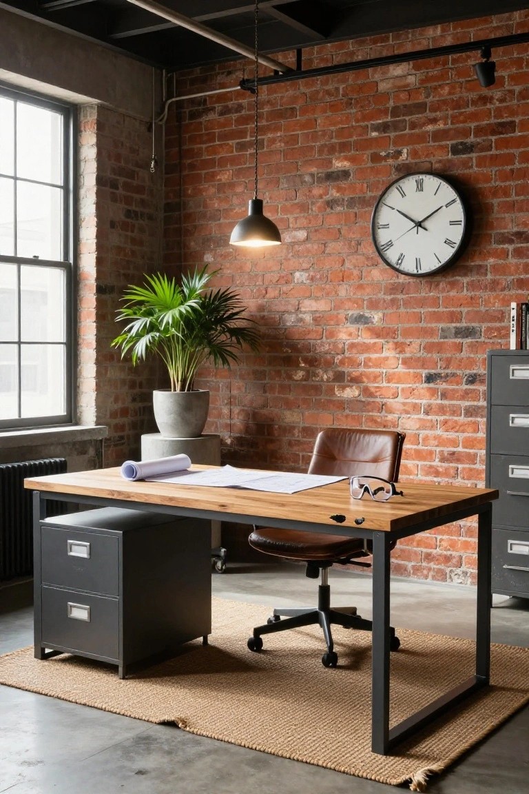Home office featuring exposed red brick walls, a rectangular desk with light wood top and black metal frame and legs, brown leather office chair, potted palm plant, wall clock, and filing cabinets.