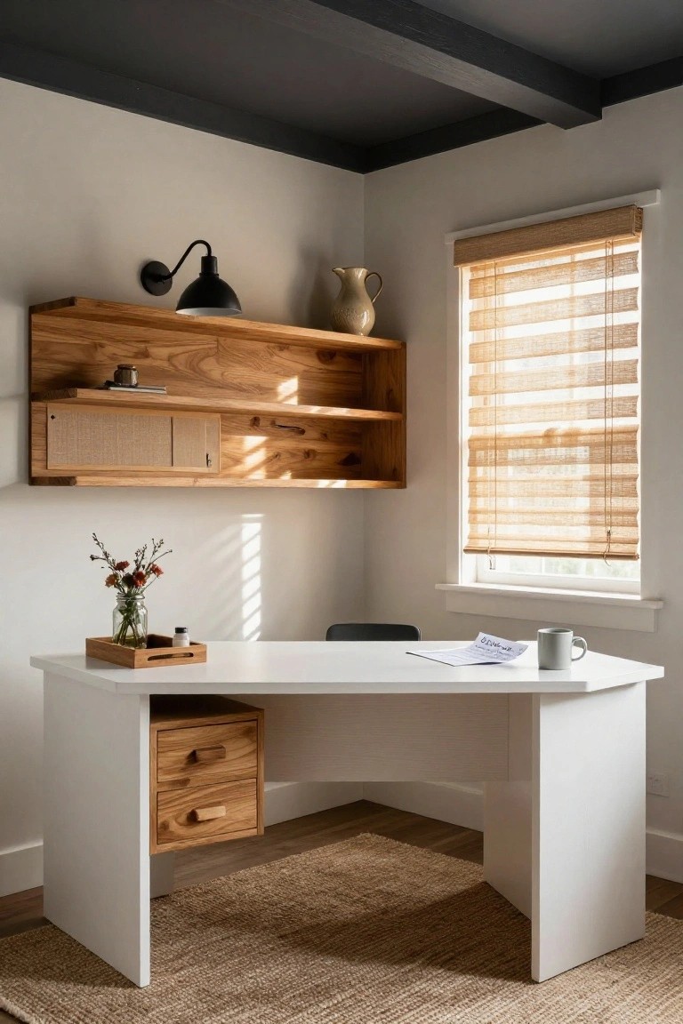 Home office corner with white corner desk featuring wood drawers, overhead floating wood shelves holding a lamp, vase, and books, charcoal ceiling, beige walls, bamboo blinds on window, and seagrass rug on floor.