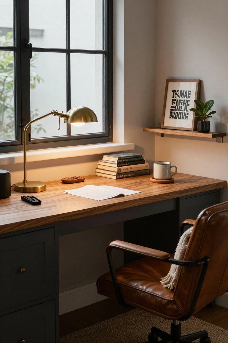 Wooden desk with brass lamp, leather chair, books, and window light.