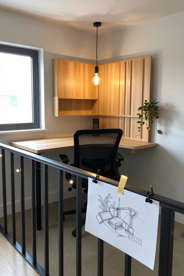 Corner indoor office with light wood slatted wall panels and cabinets around a light wood desk on black metal legs, black mesh office chair, pendant light, window view, and a hand-drawn sketch clipped to a black metal railing below.