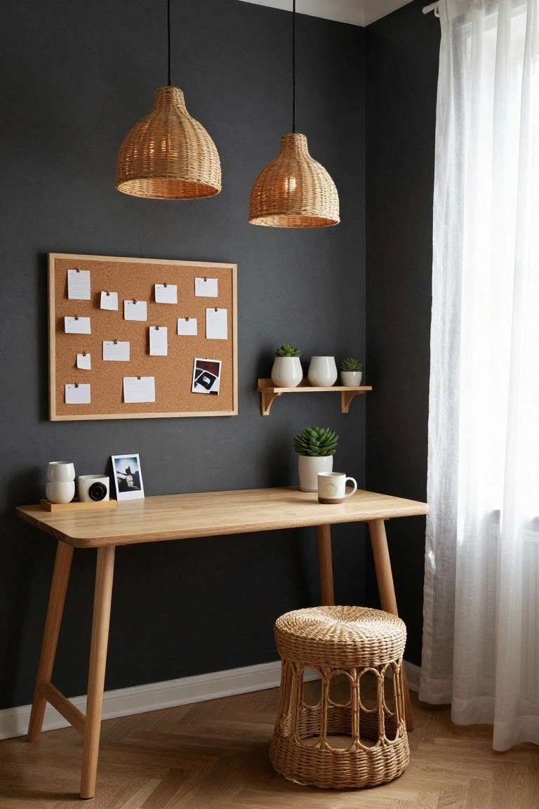 Corner home office with dark gray walls, light wood desk on tapered legs, two hanging rattan pendant lamps, cork bulletin board with notes and photos, potted plants on shelves and desk, white mugs, and woven rattan stool.