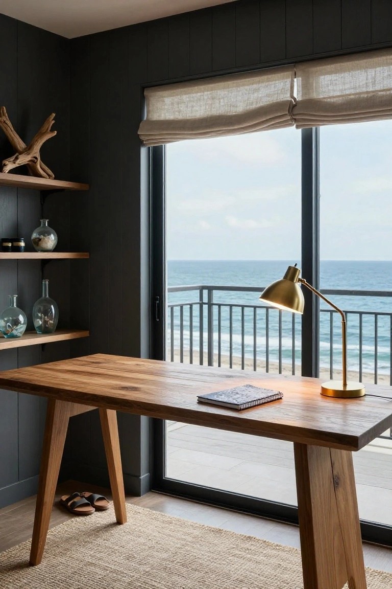 Office with charcoal paneled walls, wooden trestle desk holding notebook and gold lamp, open shelves displaying driftwood and glass bottles, large sliding window to ocean-view balcony, flip-flops under desk.