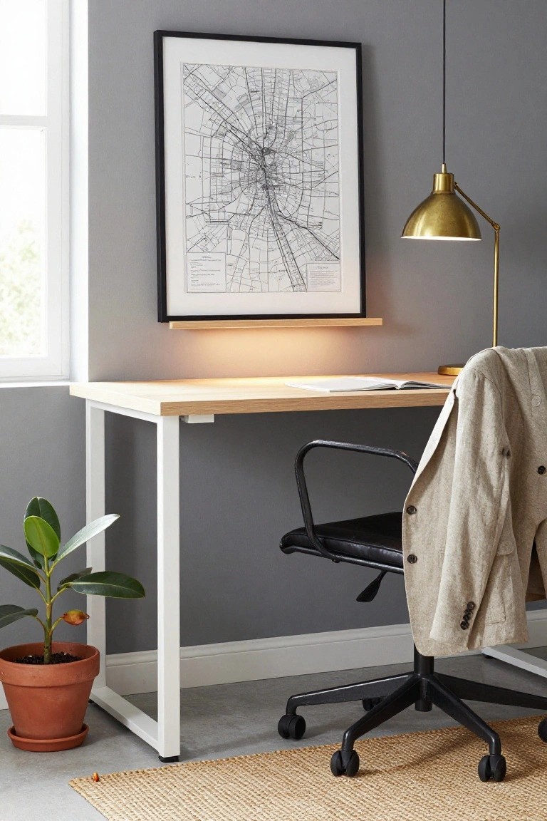 Home office corner with light wood desk on white metal legs, black leather chair with beige jacket draped over back, potted green plant in terracotta pot, large framed city map on wall, brass adjustable lamp, and gray walls.