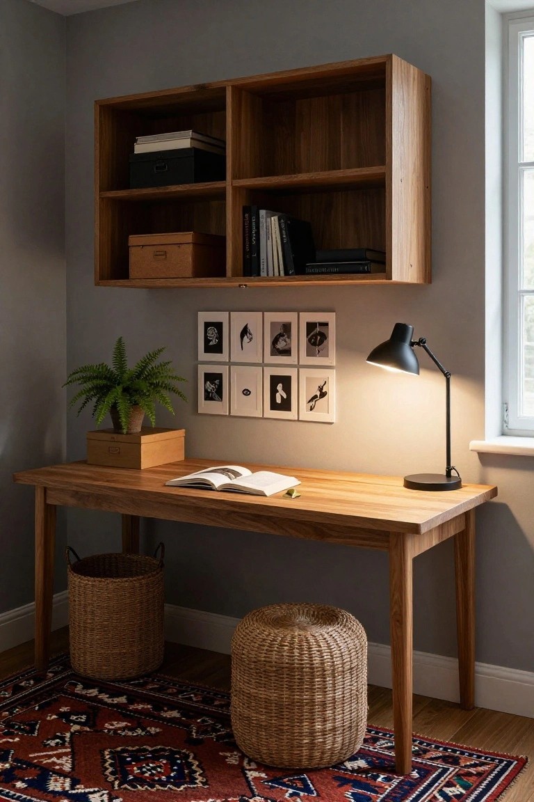 Charcoal gray corner office with wooden desk holding an open book, wall-mounted wooden shelves stocked with books and boxes, black desk lamp, potted fern, wooden box, wicker baskets and pouf on red patterned rug.
