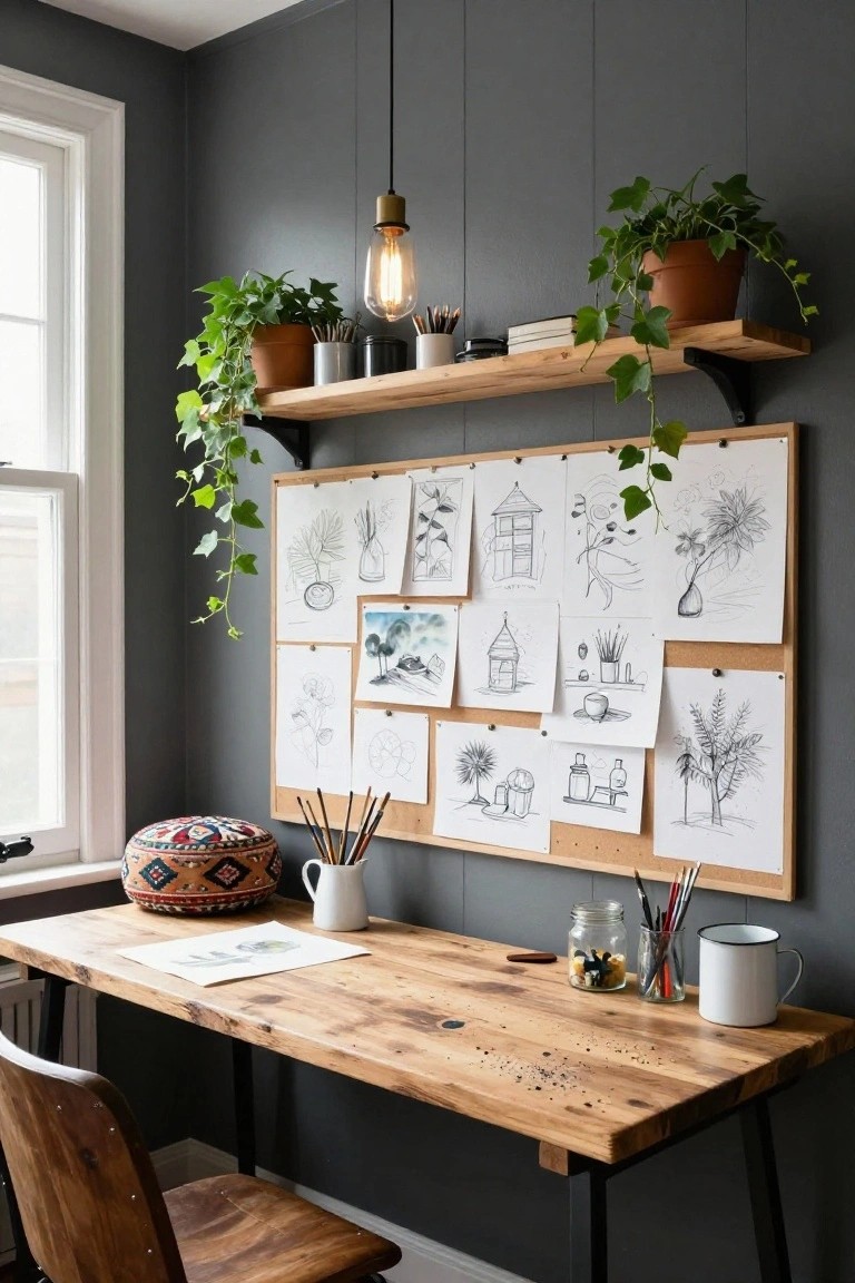 Corner home office with charcoal gray walls, wooden floating shelves holding potted ivy plants and jars, corkboard displaying pencil sketches and watercolor paintings, rustic reclaimed wood desk with art supplies and white mug, wooden stool chair, and white-framed window.