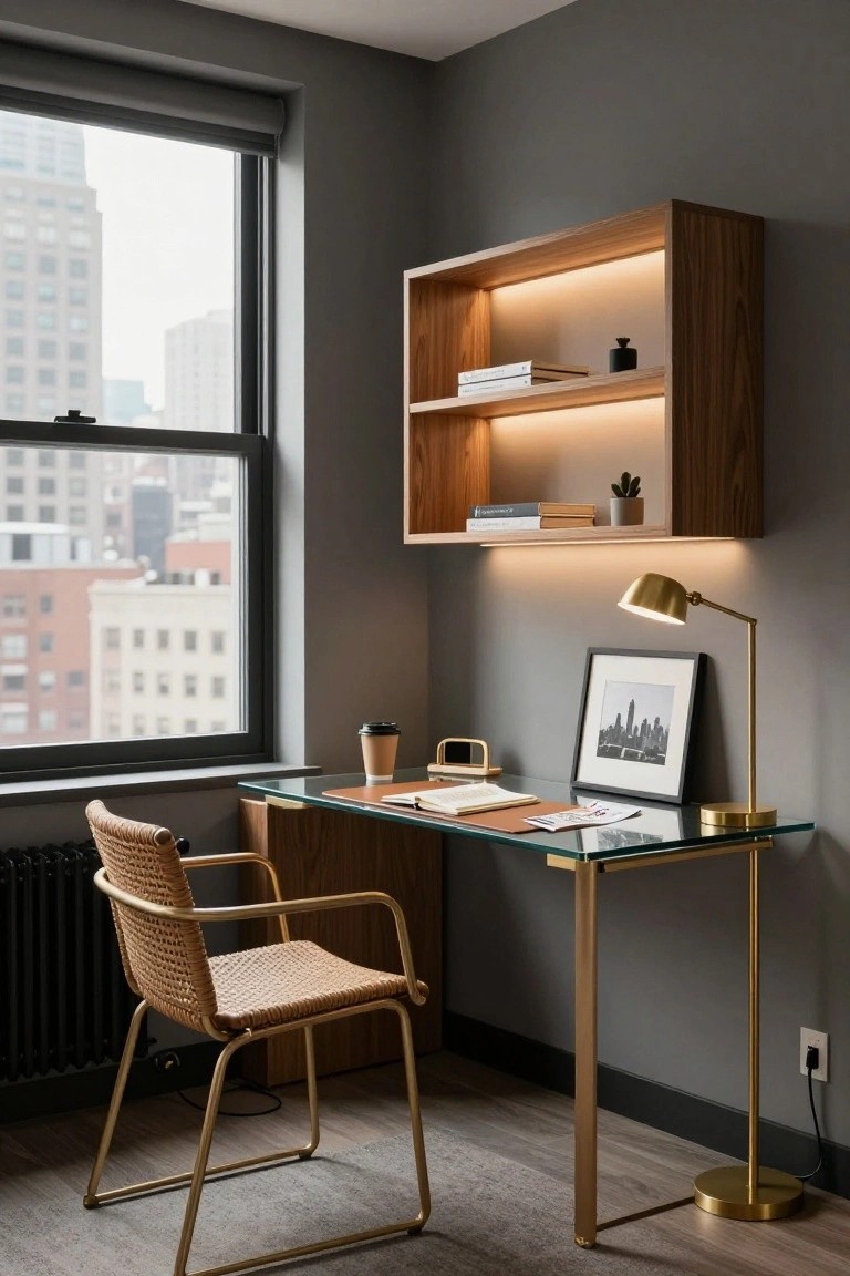 Home office interior with charcoal gray walls, wall-mounted wooden shelf unit with LED underlighting holding books and a potted plant, glass-top desk with gold legs and rattan chair, gold desk lamp, and large window showing city skyline.
