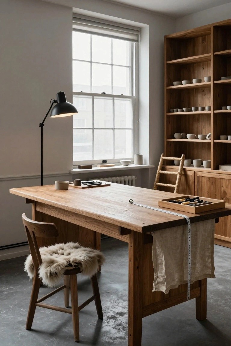 A wooden workbench desk in a light room with wooden shelves displaying ceramic bowls and cups, a chair with sheepskin cushion, black adjustable lamp, ladder-back stool, and window with blinds.