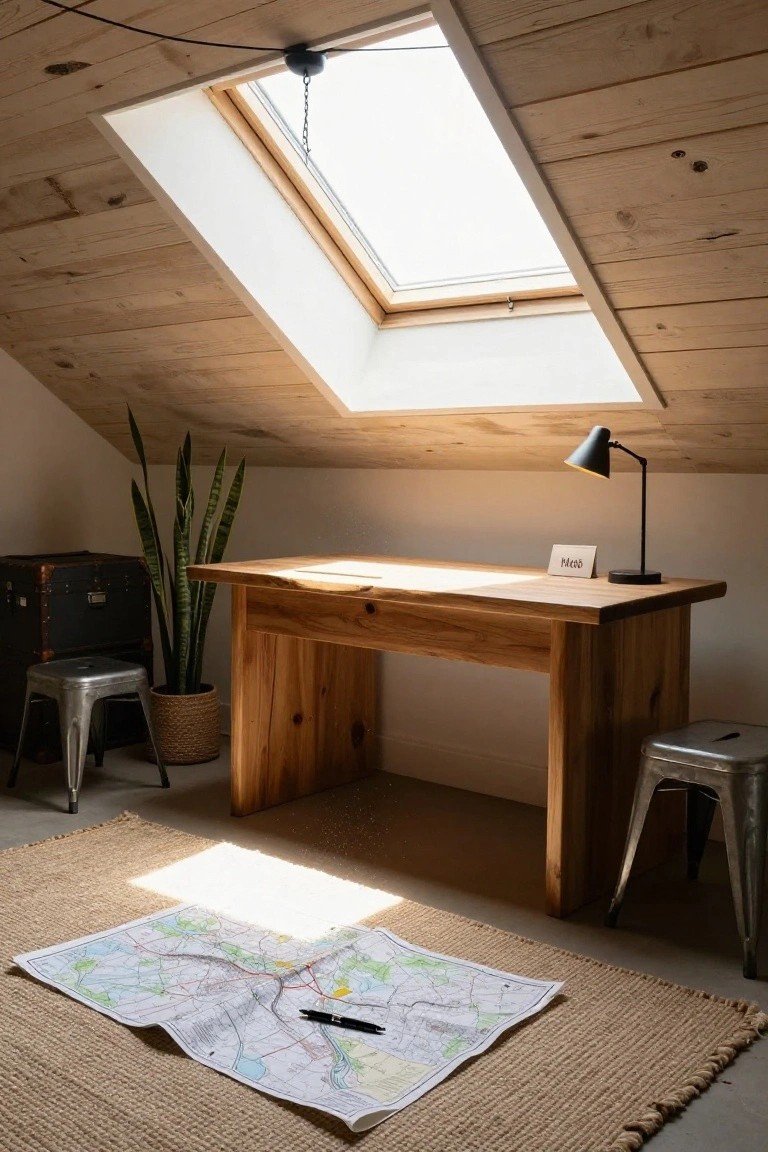Attic office with wooden sloped ceiling and skylight, wooden desk topped with a black lamp, flanked by snake plant in basket and vintage suitcase, two metal stools, and large map on jute rug.