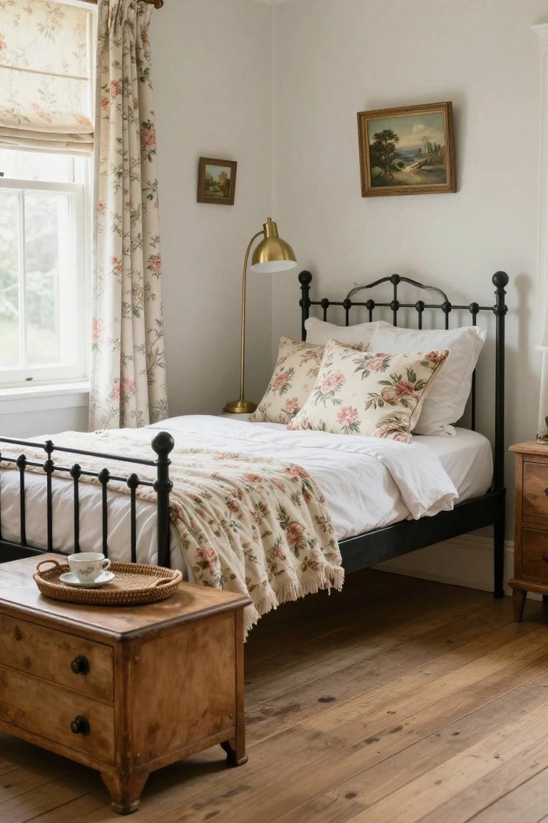 Small cozy bedroom with black wrought iron bed frame, white sheets, floral pillows and throw, wooden nightstand holding a teacup on a woven tray, brass lamp, small paintings on walls, and floral curtains at window.
