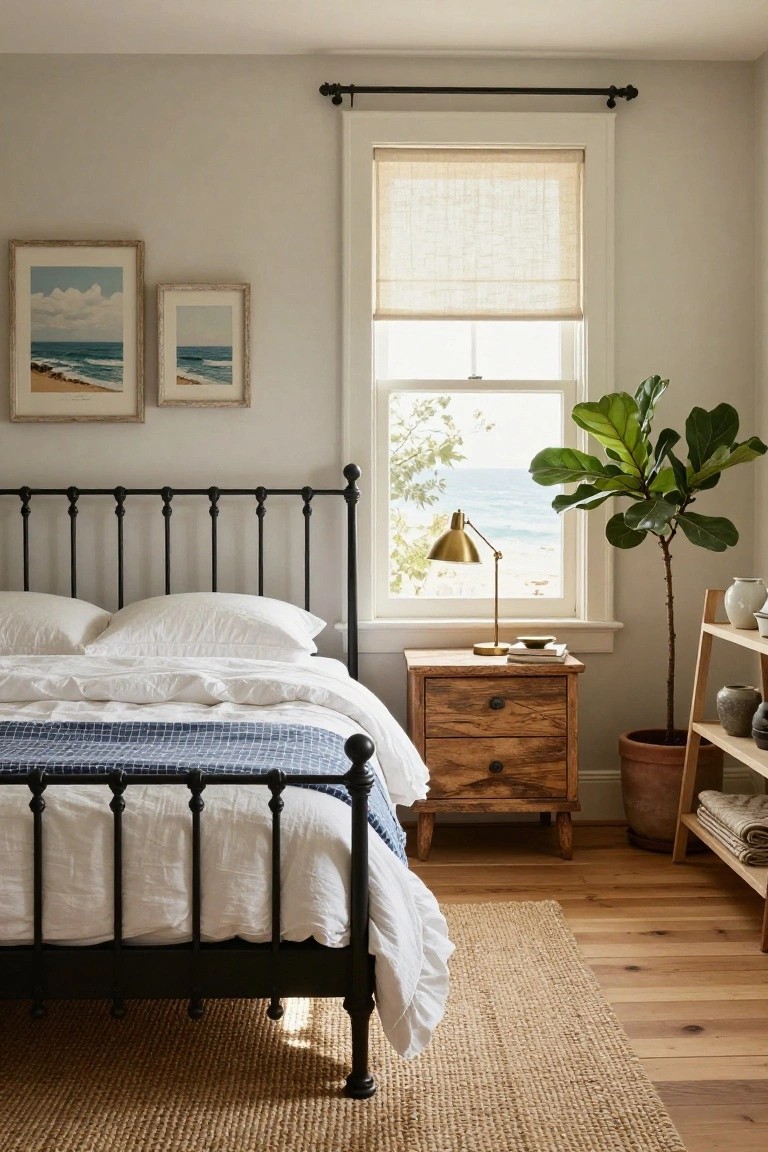 Bedroom interior with black iron bed frame, white pillows and duvet, blue plaid throw, wooden nightstand, gold lamp, fiddle leaf fig plant in terracotta pot, wicker shelves, and window showing ocean view.