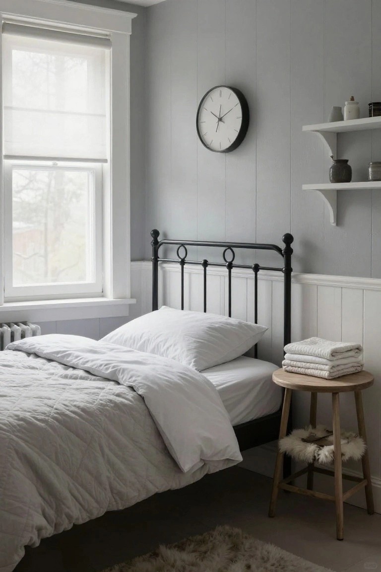 Bedroom with black metal bed frame, white pillows and quilted duvet, round wooden stool holding stacked white towels and fur-covered footstool, light gray shiplap walls, wall clock, floating shelves with pottery, and window with sheer roller blind.