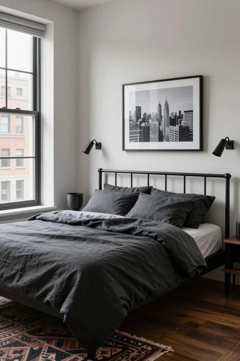 Corner bedroom with black iron bed frame, gray linen bedding, white walls, large window overlooking buildings, black-framed city skyline photo, black sconces, wood floor, and patterned rug.