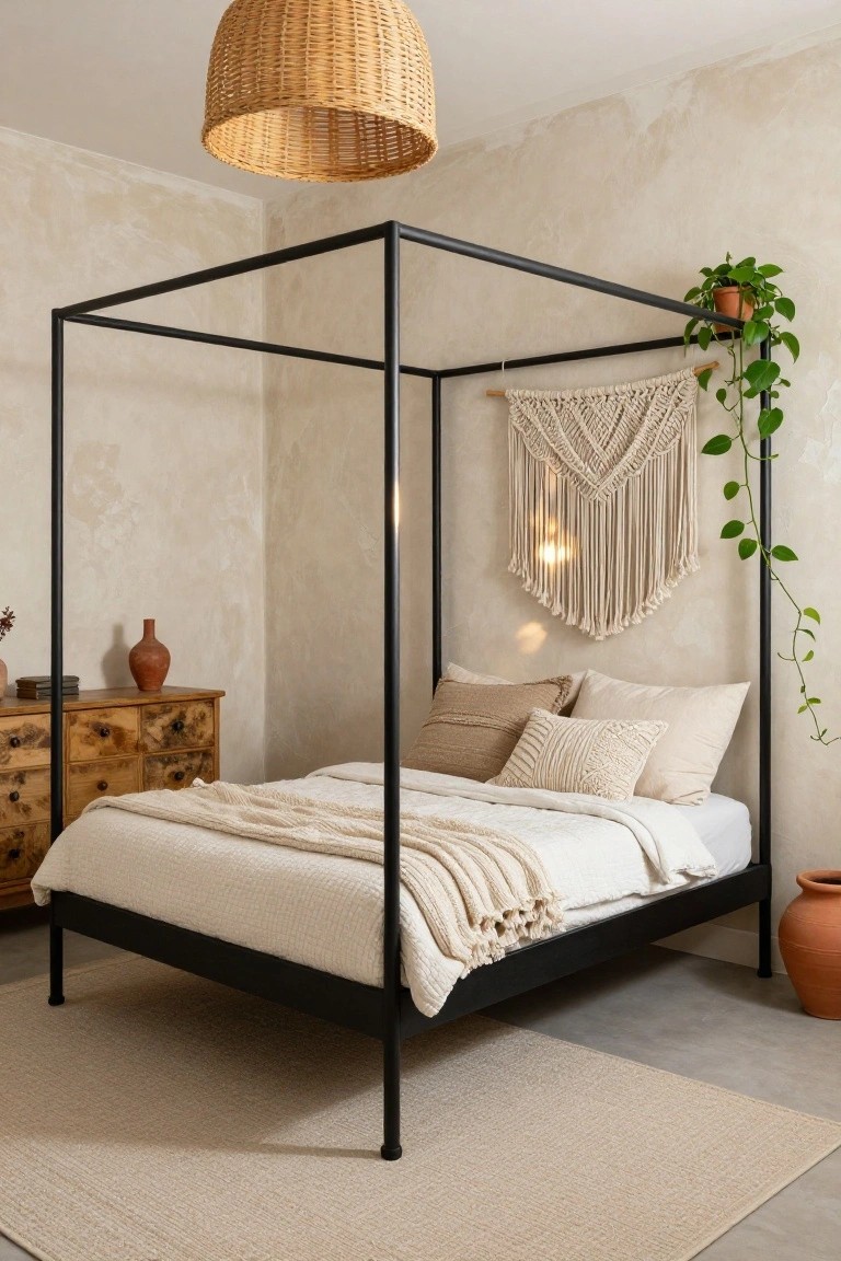 Bedroom with black metal canopy bed frame, white textured bedding and pillows, beige plaster walls, wooden dresser with terracotta pots, potted plant, macrame wall hanging, and rattan pendant light over beige rug.