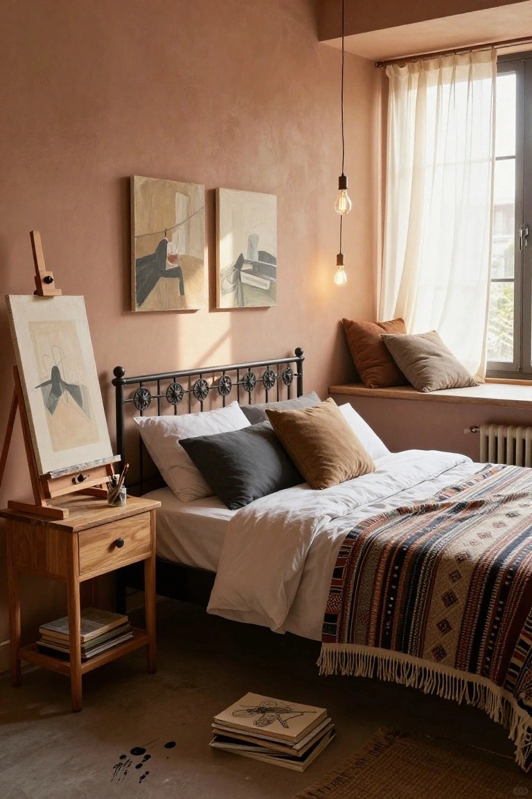 Bedroom with black wrought iron bed frame, terracotta walls, wooden easel holding a painting, wooden nightstand with books, assorted pillows and woven blanket on bed, and hanging pendant lights.