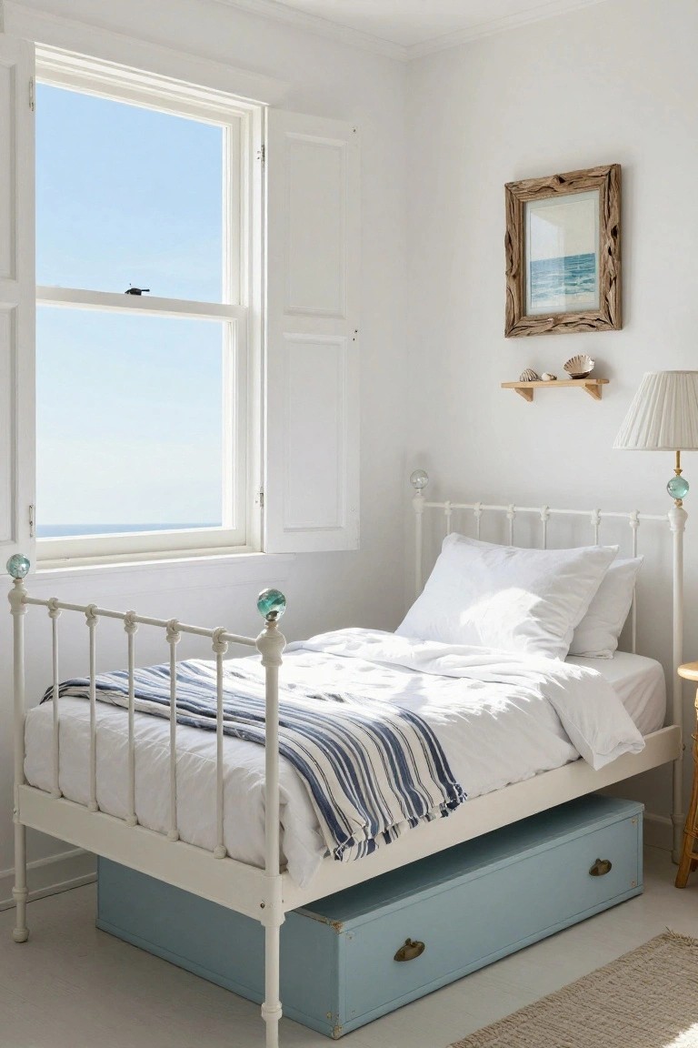 White iron bed frame with turquoise glass finials, white bedding, striped throw, and blue under-bed storage drawer in a white-walled bedroom with open window to ocean view, shutters, lamp, and shell shelf.