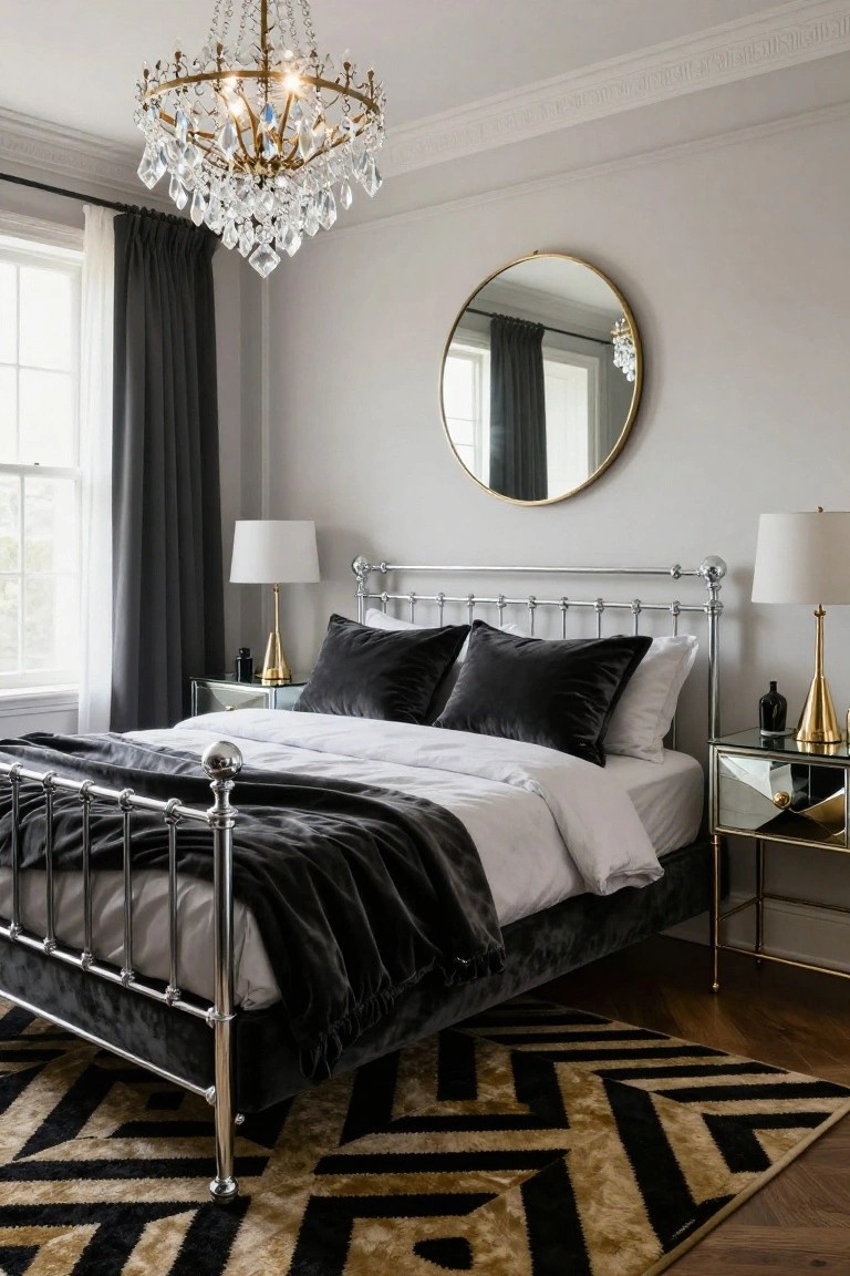 Bedroom interior showing a brass-toned metal iron bed frame with white duvet and sheets, black velvet pillows, gray velvet throw, flanked by mirrored gold nightstands with lamps, a round gold mirror on the light gray wall, crystal chandelier overhead, and dark gray curtains at the window.