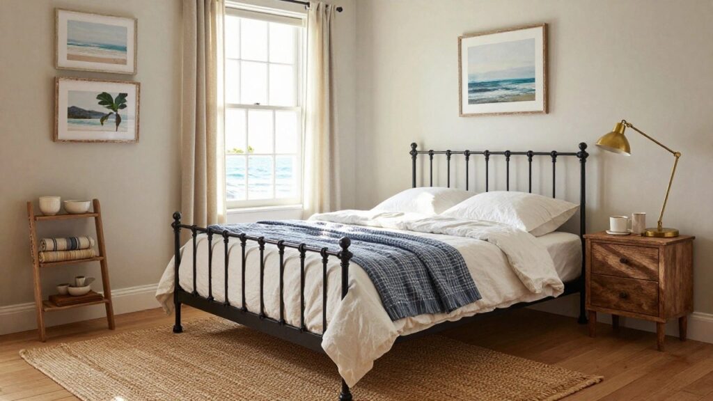 Bedroom interior with black iron bed frame, white pillows and duvet, blue plaid throw, wooden nightstand, gold lamp, fiddle leaf fig plant in terracotta pot, wicker shelves, and window showing ocean view.