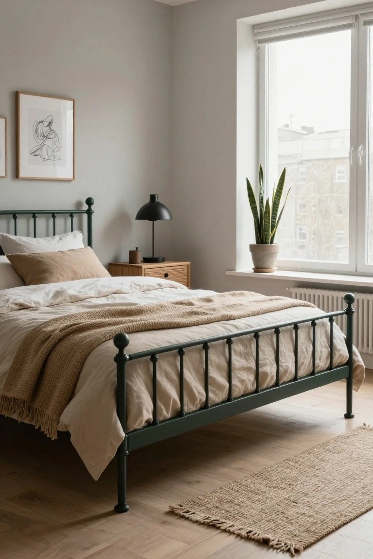 Bedroom interior with dark green iron bed frame, white and beige linen bedding, knit throw, wooden nightstand with lamp, snake plant in pot by window, light gray walls, and light oak floor.