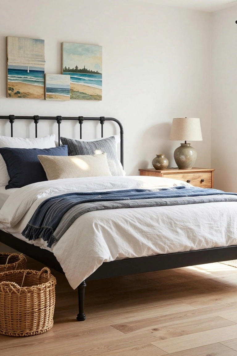 A bedroom with a black metal iron bed frame topped with white bedding, blue pillows, and a gray-blue throw, next to a wooden nightstand holding two ceramic lamps, beach landscape paintings on the white wall, and a wicker basket on the oak floor.