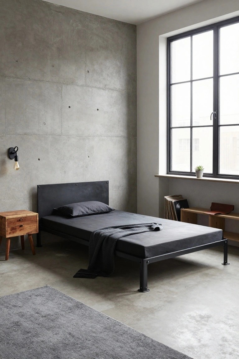 Minimalist bedroom with concrete walls, dark metal bed, and wooden nightstand.
