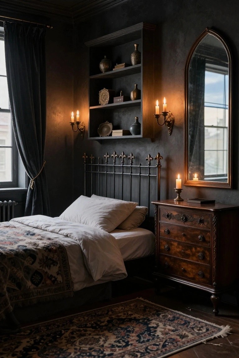 Bedroom interior with dark textured walls, black wrought iron bed frame topped with white pillows and patterned quilt, wooden dresser, candles on nightstand and sconces, arched mirror, and dark curtained window.