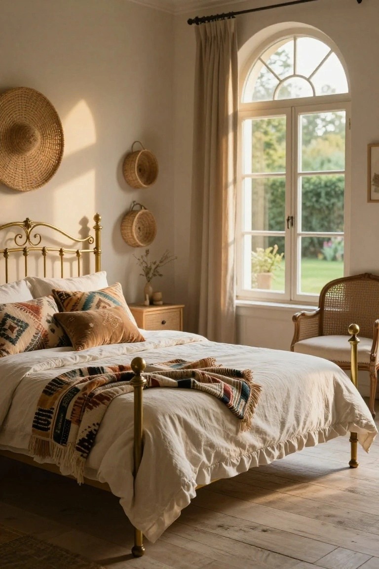Bedroom with gold metal iron bed frame holding white bedding, patterned pillows, and multicolored throw, flanked by woven straw baskets and hat on beige walls, wooden nightstand, large arched window with cream curtains overlooking garden, and rattan armchair.