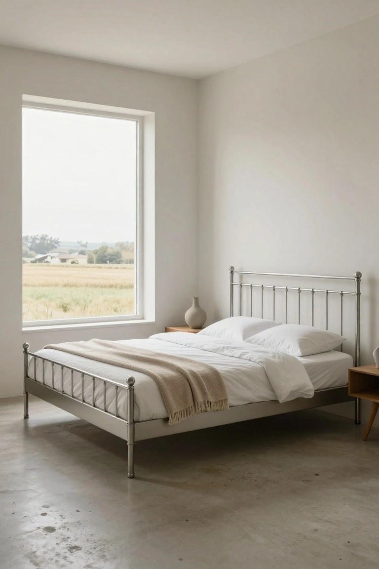 Minimalist bedroom with silver iron bed frame, white bedding and pillows, beige throw blanket, wooden nightstand holding a vase, large window overlooking fields and trees, polished concrete floor.