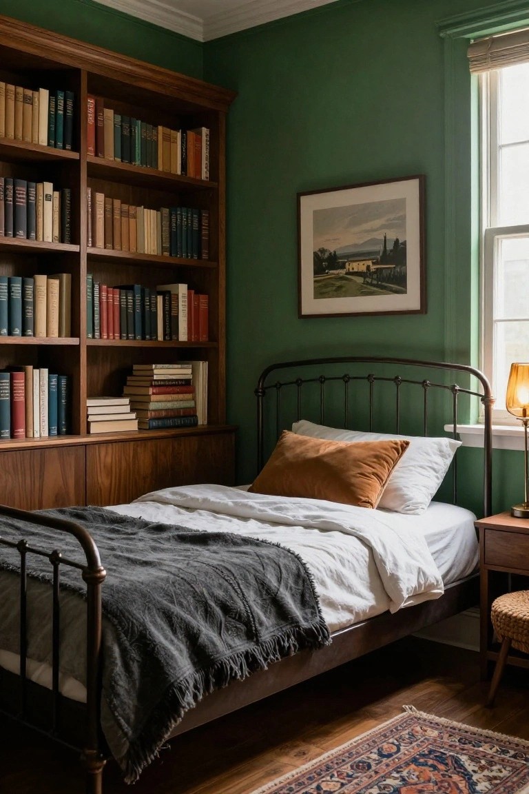 Small bedroom with black iron bed frame, tall wooden bookshelves filled with books on two walls, green painted walls, white bedding with rust pillow, brass lamp on wood nightstand, and woven rug on wood floor.