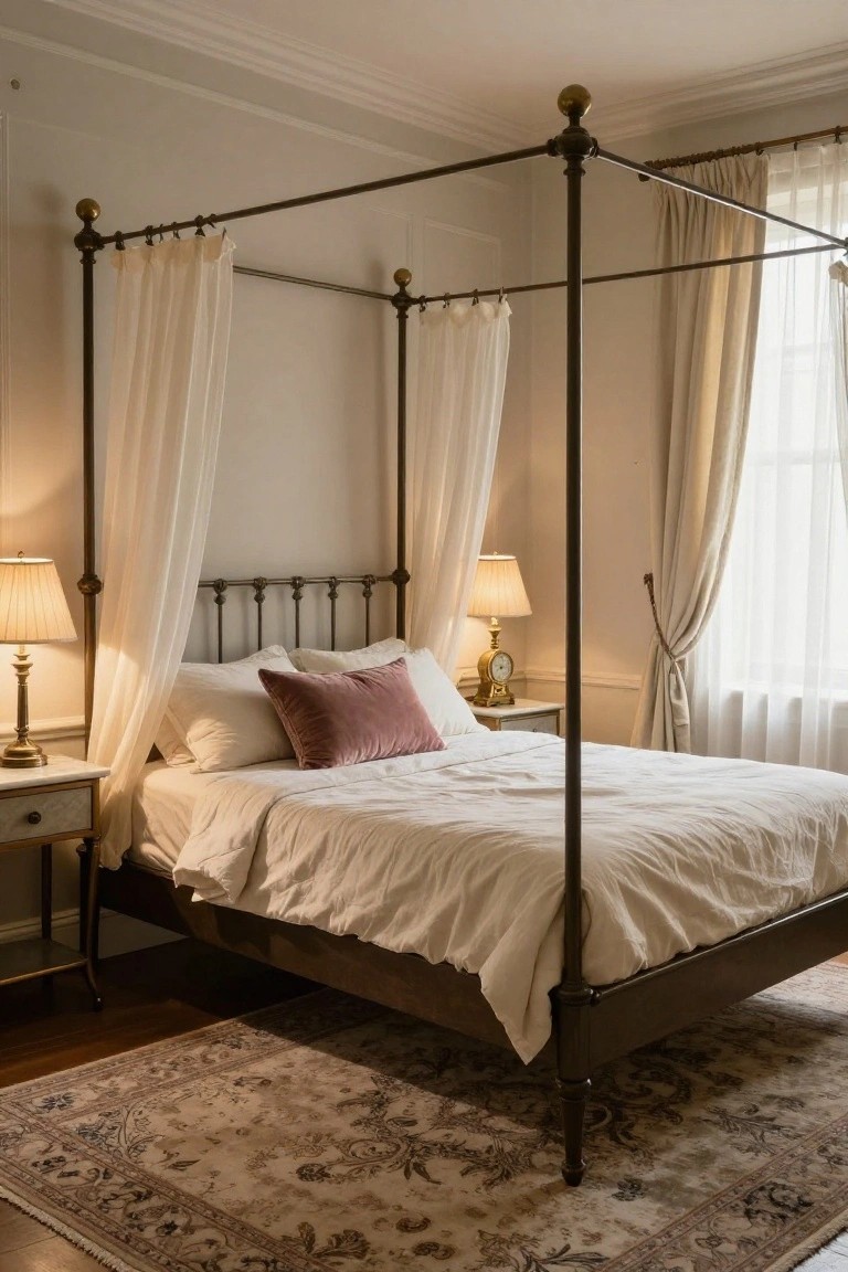 A bedroom with a black iron four-poster bed frame draped in white sheer curtains, white bedding including a pink pillow, two bedside lamps on white nightstands, beige walls, and a beige patterned rug on wood floors.