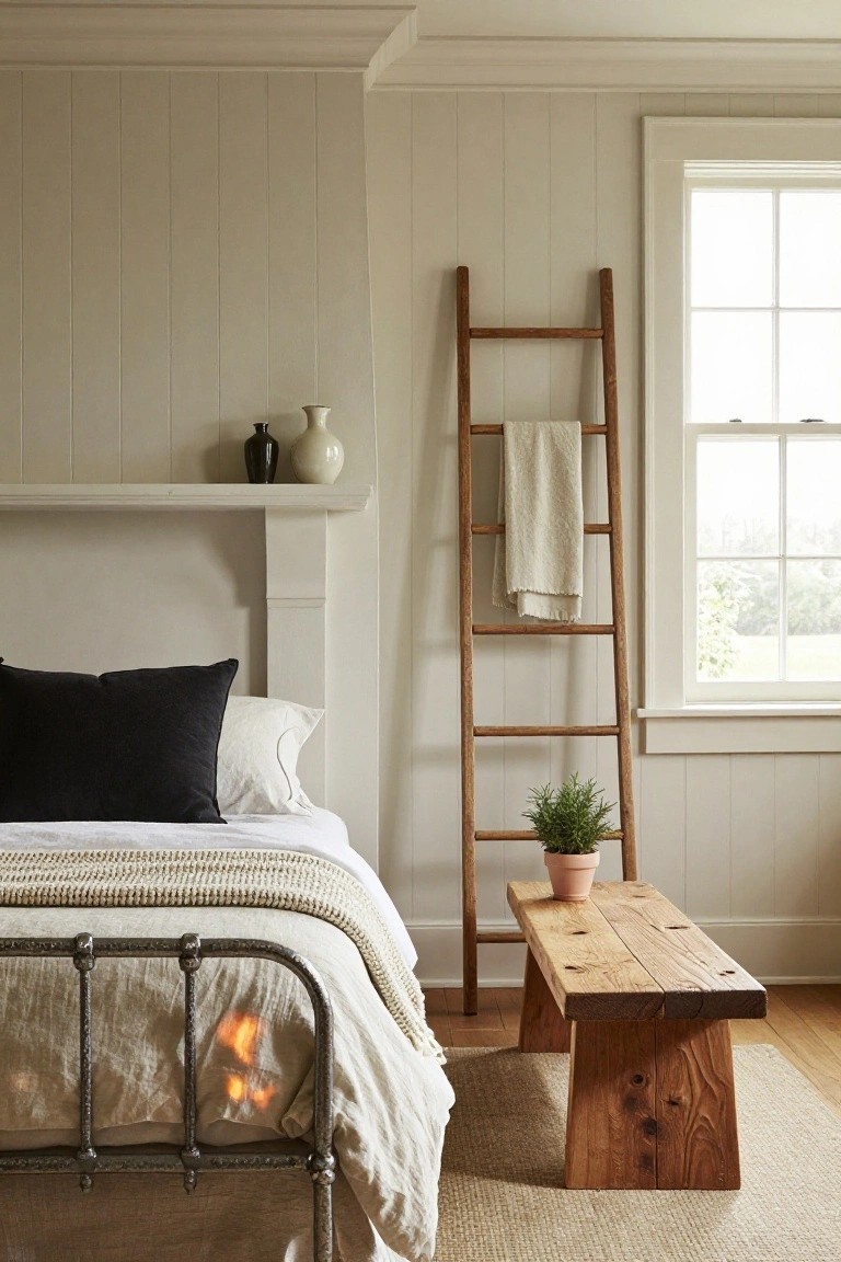 Bedroom with black iron bed frame and white linens, wooden ladder holding towel and potted plant, wooden bench at bed foot, white shiplap walls, and large window.