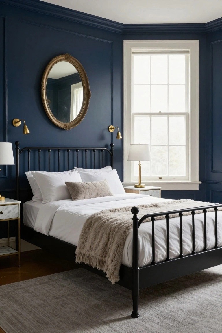 Bedroom interior with navy blue walls, black iron bed frame topped with white sheets and a fur throw, gold mirror and lamps, and marble-topped nightstands.