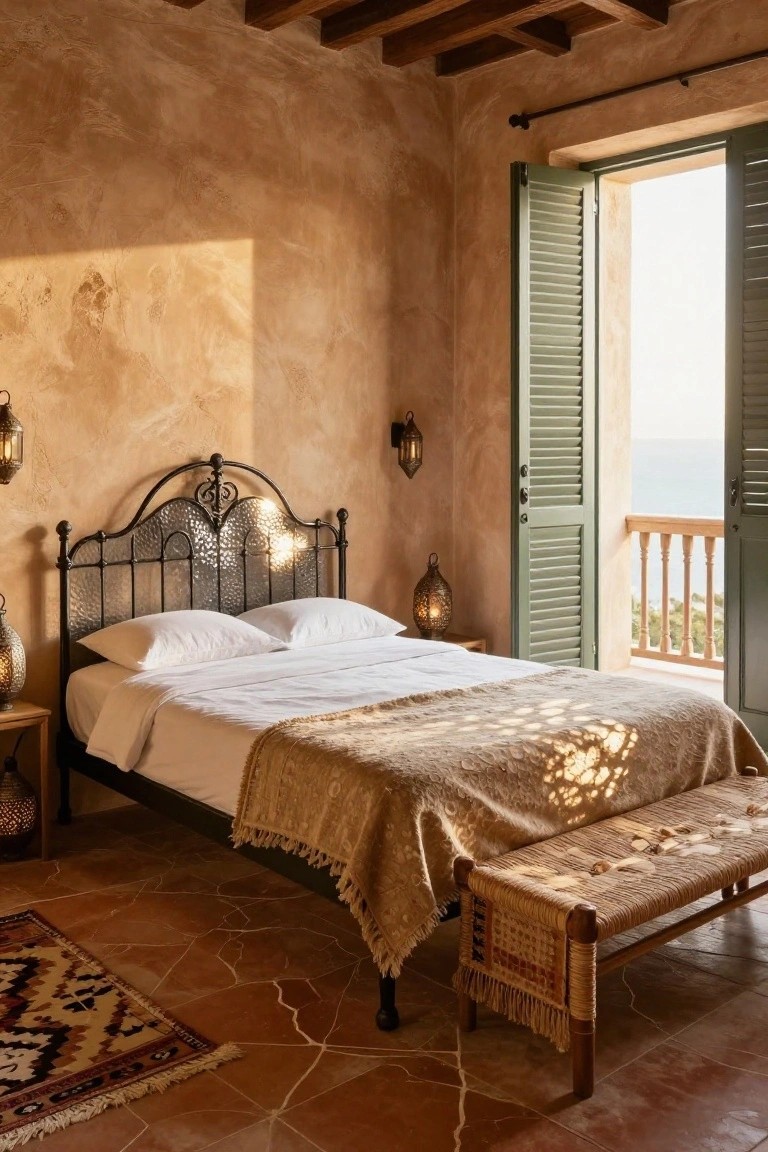 Bedroom with black wrought iron bed frame featuring ornate hammered headboard, white sheets and pillows, terracotta walls, open green shutters to balcony with sea view, lanterns, woven bench, and patterned rug.