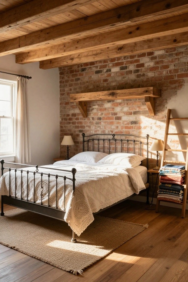 Bedroom interior featuring a black wrought iron bed frame with white bedding and quilt, against an exposed brick wall under wooden ceiling beams, with a wooden ladder shelf stacked with blankets nearby.