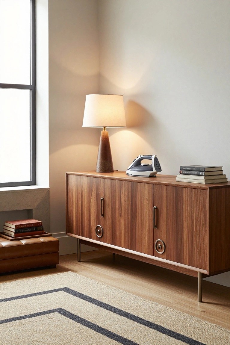 Wooden credenza in a room corner topped with a lamp, steam iron, and stacks of books, next to a window with a leather ottoman and light rug on wood floor.