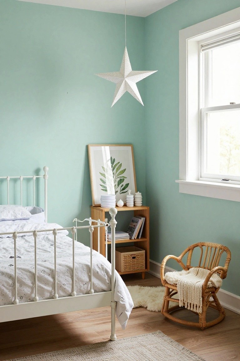 Corner of a mint green bedroom with a white iron bed frame, wooden bookshelf holding white dishes and books, rattan rocking chair with white throw, leaf print on wall, and white star pendant light.