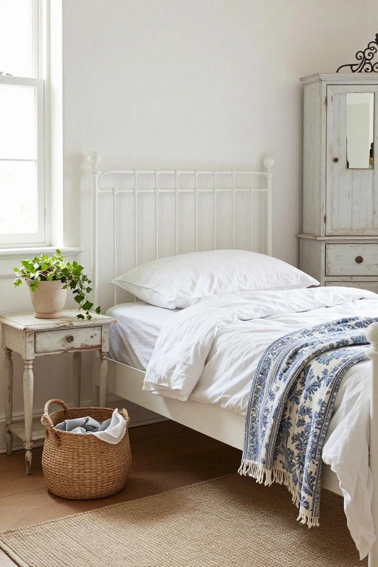 White iron bed frame with knobby posts in a bedroom, topped with white pillows and duvet plus blue patterned throw, next to antique white nightstand holding potted ivy plant and wicker laundry basket, antique armoire nearby, window with natural light.