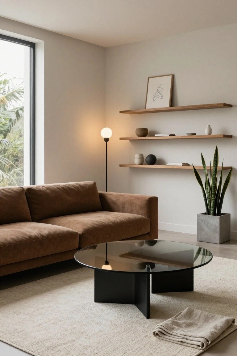 Beige living room corner with brown modular sofa, black glass-top coffee table on X-base, wooden floating shelves holding ceramics and books, snake plant in concrete pot, floor lamp, and large window with tropical plants outside.