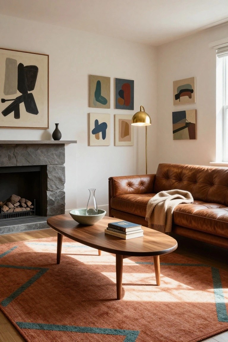Living room with tan leather sofa, oval wooden coffee table holding stacked books and a green ceramic bowl with glass vase inside, stone fireplace, abstract wall art, and floor lamp.