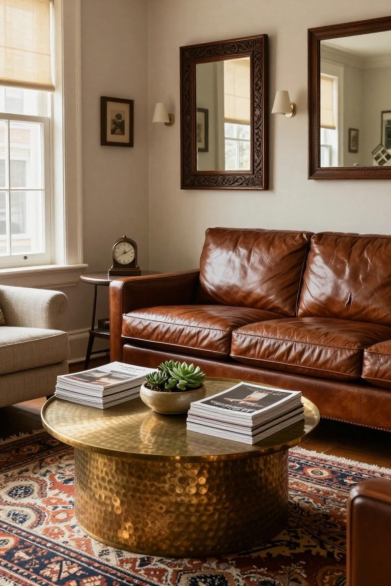 Living room corner with brown leather sofa, hammered brass coffee table holding stacked magazines and potted succulent, small beige armchair, clock on side table, mirrors and artwork on beige walls, oriental rug on wood floor.