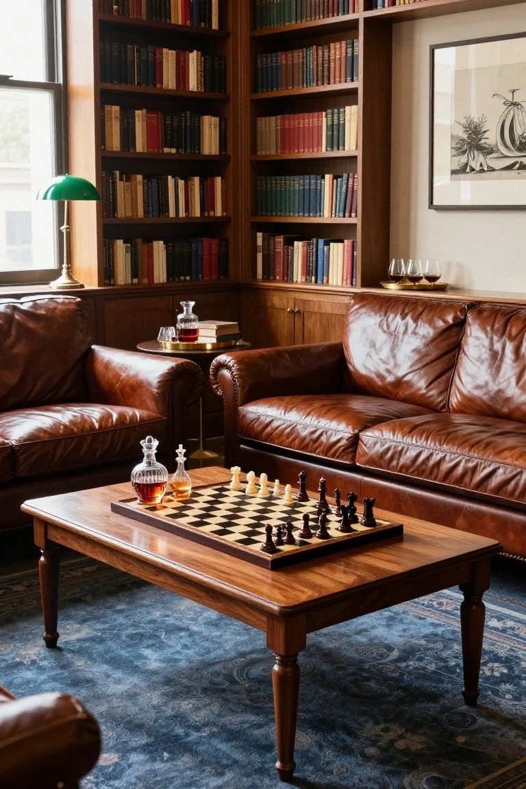 Wooden coffee table in a library room with brown leather sofas, a chessboard setup, whiskey decanter and glasses, surrounded by bookshelves and a green lamp.