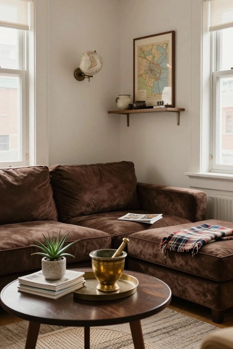 Corner view of a light-walled living room with brown velvet L-shaped sofa, round wooden coffee table holding stacked books, potted aloe plant, and brass mortar and pestle on a tray, beside windows, wall shelf with globe lamp and map print.