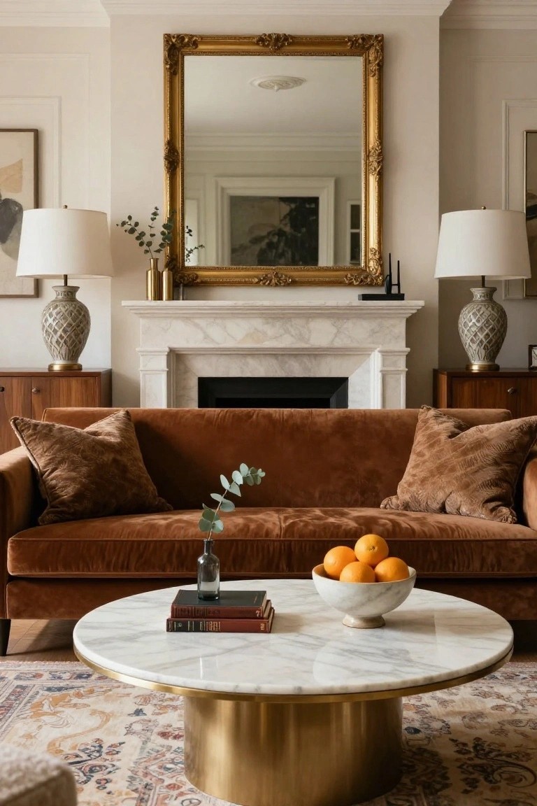 A living room with a brown velvet sofa facing a marble fireplace, round white marble and brass coffee table holding stacked books, a glass vase of eucalyptus leaves, and a white bowl of oranges, flanked by ceramic lamps and a large gold-framed mirror.