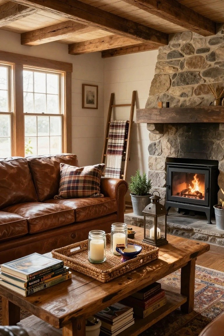 Rustic living room interior with brown leather sofa, wooden coffee table topped by woven tray holding stacked books and glass jar candles, stone fireplace with burning fire, wooden beams overhead, and plaid blankets on ladder.