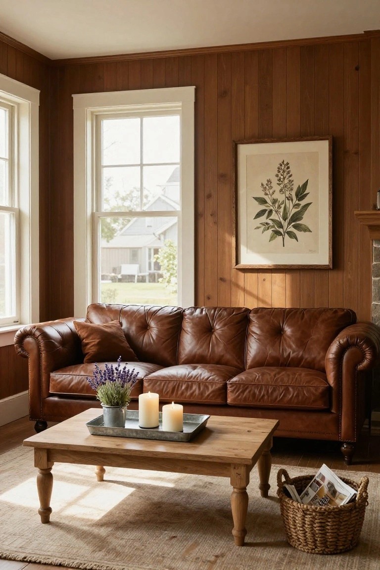 Wood-paneled living room with brown leather tufted sofa, low wooden coffee table holding metal tray with two white candles and tin planter containing green plant, woven basket with magazines beside table, lavender stems on sofa, botanical print on wall, and windows showing yard view.